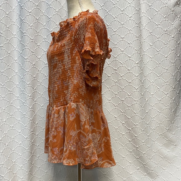 Cato 22/24W coral Paisley Ruffle smocked Blouse stretch comfy off shoulder sexy - Picture 7 of 12